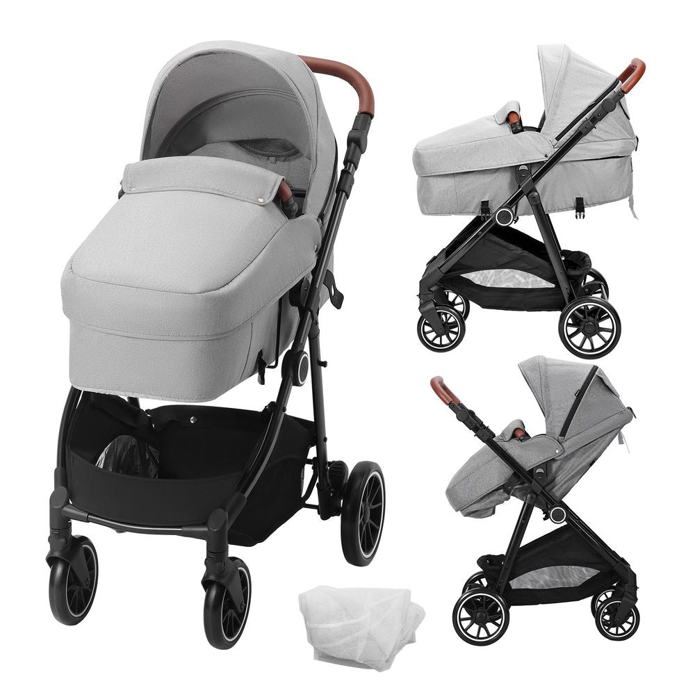 Standard Baby Stroller, Infant Toddler Stroller with Bassinet, 3rd-Gear Adjustable Backrest & Foldable & Reversible Seat, Carbon Steel Newborn Stroller with Leg Cover and Mesh Net, Light Grey