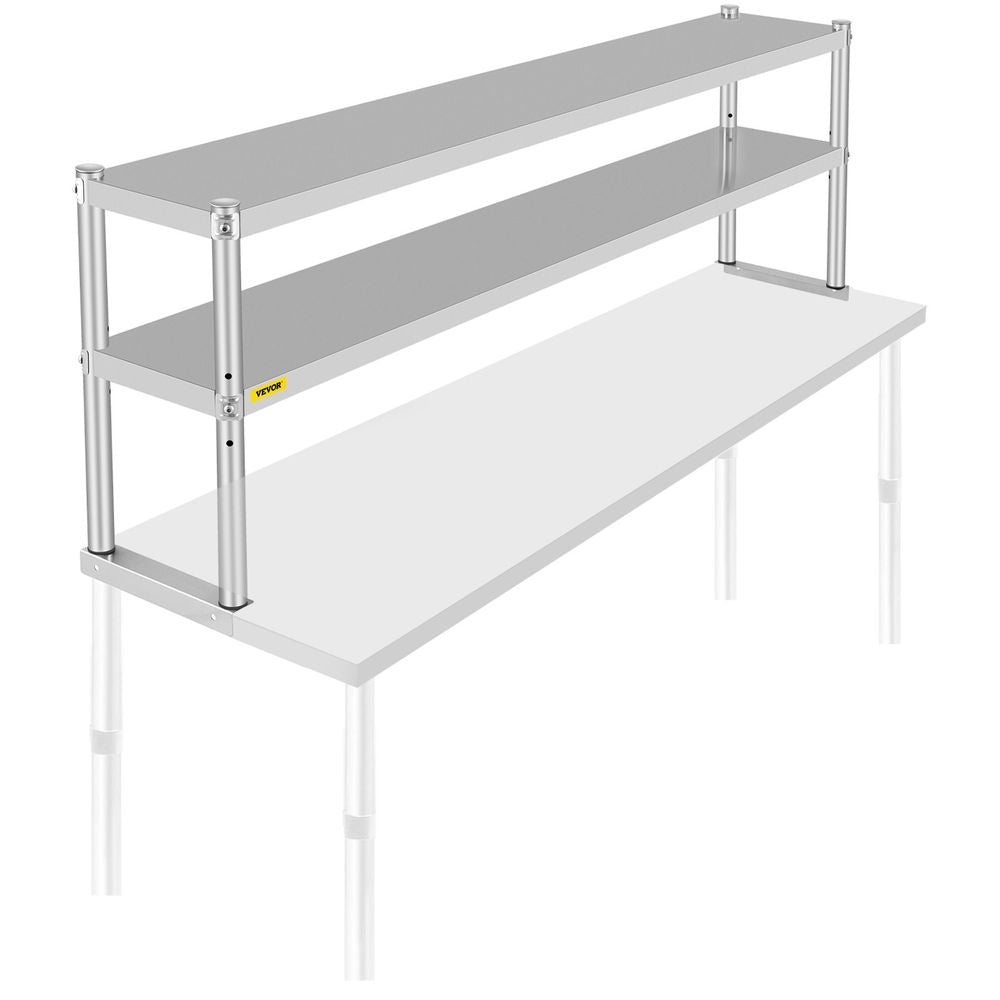 Double Overshelf, Double Tier Stainless Steel Overshelf, 72 in Length x 12 in Width Double Deck Overshelf, Height Adjustable Overshelf for Prep & Work Table in Kitchen, Restaurant and Workshop