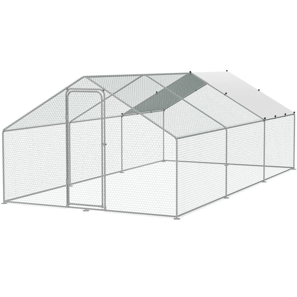 Large Metal Chicken Coop, 9.8x19.3x6.5 ft Walk-in Chicken Runs for Yard with Cover, Spire Roof Hen House with Security Lock for Outdoor and Backyard, Farm, Duck Rabbit Cage Poultry Pen