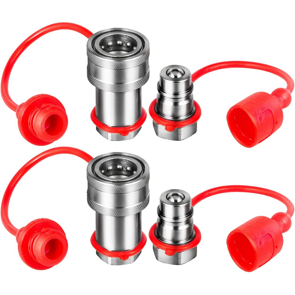 Spherical Face Hydraulic Couplers 1/4" Body 1/4" NPT Thread, Skid Steer Quick Connect Couplings, 5076 PSI Hydraulic Fittings, 2 Sets Hydraulic Couplers w/Dust Caps for Bobcat Case, Kubota