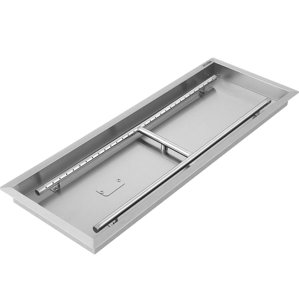 Fire Pit Pan 31.5x12 Inch, Stainless Steel Rectangular Fire Pit Pan and Burner, Built-in Fire Pit Pan with H-Burner, 90K BTU