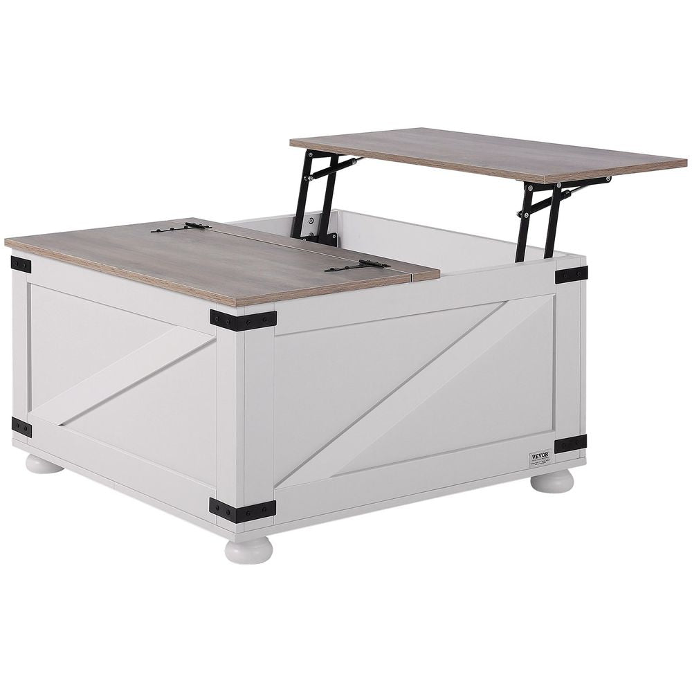 31.5" Farmhouse Coffee Table, Hinged Lift Top Coffee Square Table with Storage Compartment, Wooden Rustic Cocktail Table for Living Room, Bedroom, Apartment, Studio, Gray & White