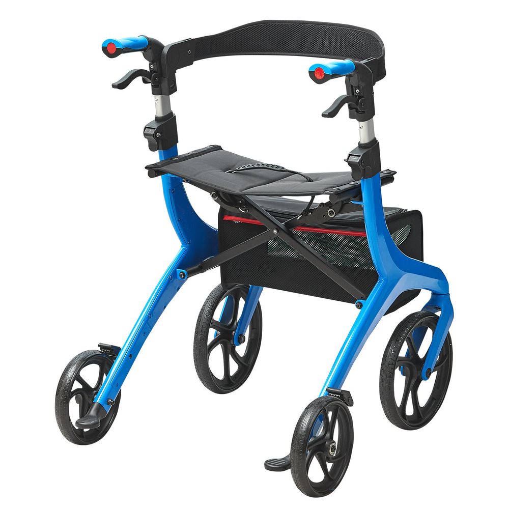 Folding Rollator Walker for Seniors and Adults, Lightweight Aluminum Rolling Walker with Seat and Adjustable Handle, 4-Wheel Outdoor Mobility Walker with Spacious Storage Bag, 300LBS Capacity