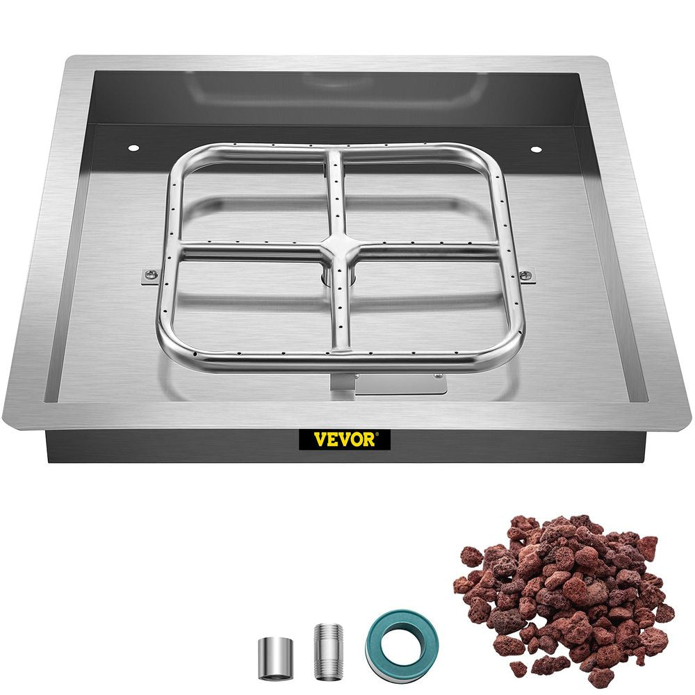 Drop in Fire Pit Pan, 18" x 18" Square Fire Pit Burner, Stainless Steel Gas Fire Pan, Fire Pit Burner Pan w/ 1 Pack Volcanic Rock Fire Pit Insert w/ 90K BTU for Keeping Warm w/ Family & Friends