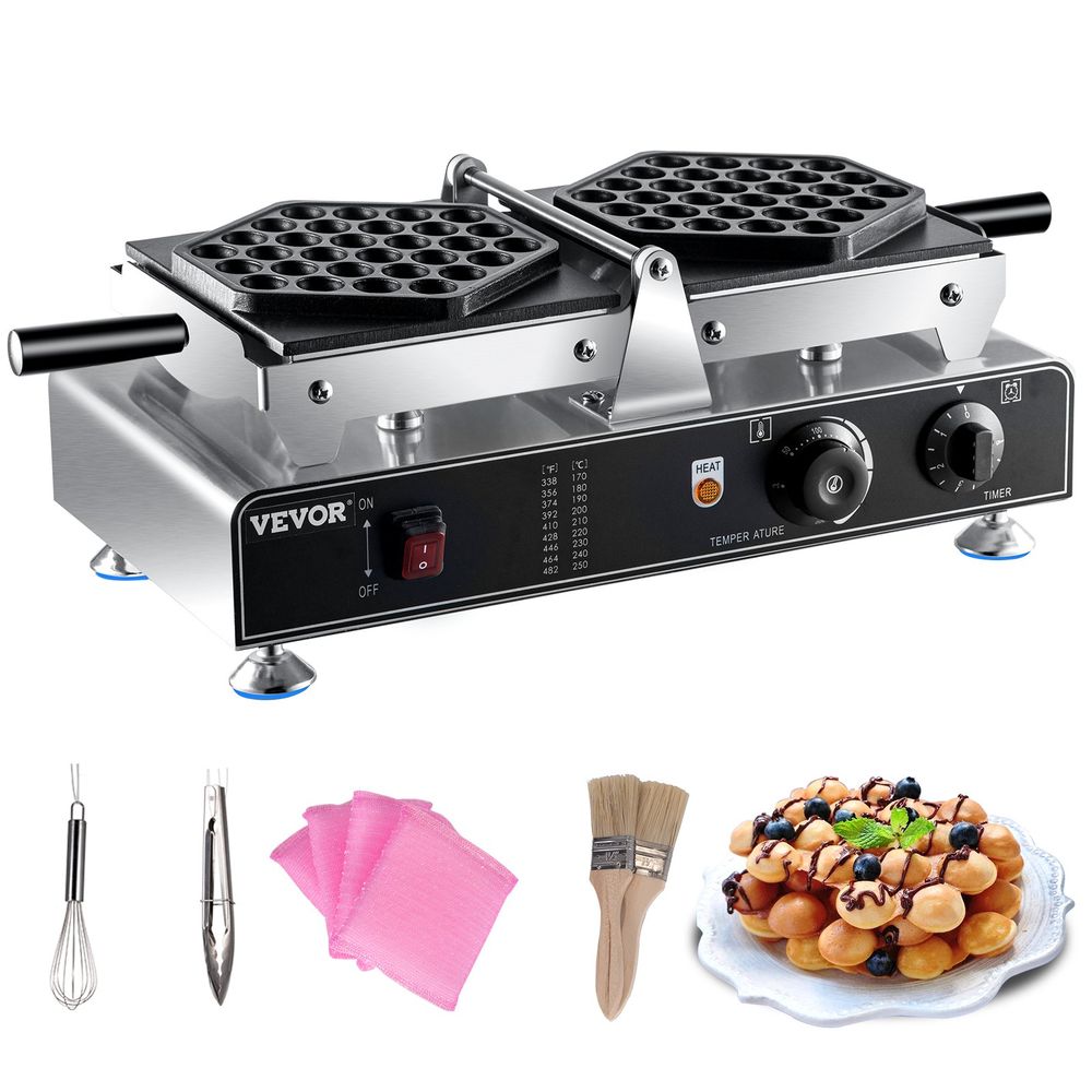 Bubble Waffle Maker, 110V Electric Egg Waffle Maker, 1500W Hong Kong Egg Puff Machine w/2 Reversible Pans, Commercial Bubble Waffle Machine w/Non-Stick Teflon Coating, 122-572°F Omelette Maker