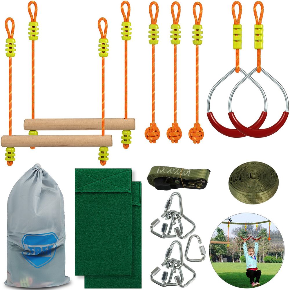 Ninja Warrior Obstacle Course for Kids, 36FT Ninja Line Slackline with Gym Rings, Monkey Bars, Rope Knots, Portable Outdoor Ninja Course Training Equipment Set for Backyard