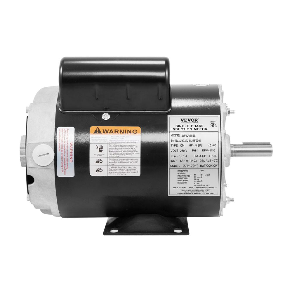 5HP SPL Air Compressor Motor, 230V 15 Amps Electric Motor, 3450RPM 56 Frame, 5/8" Keyed Shaft, 1.88" Shaft Length for Air Compressors, CW/CCW Rotation