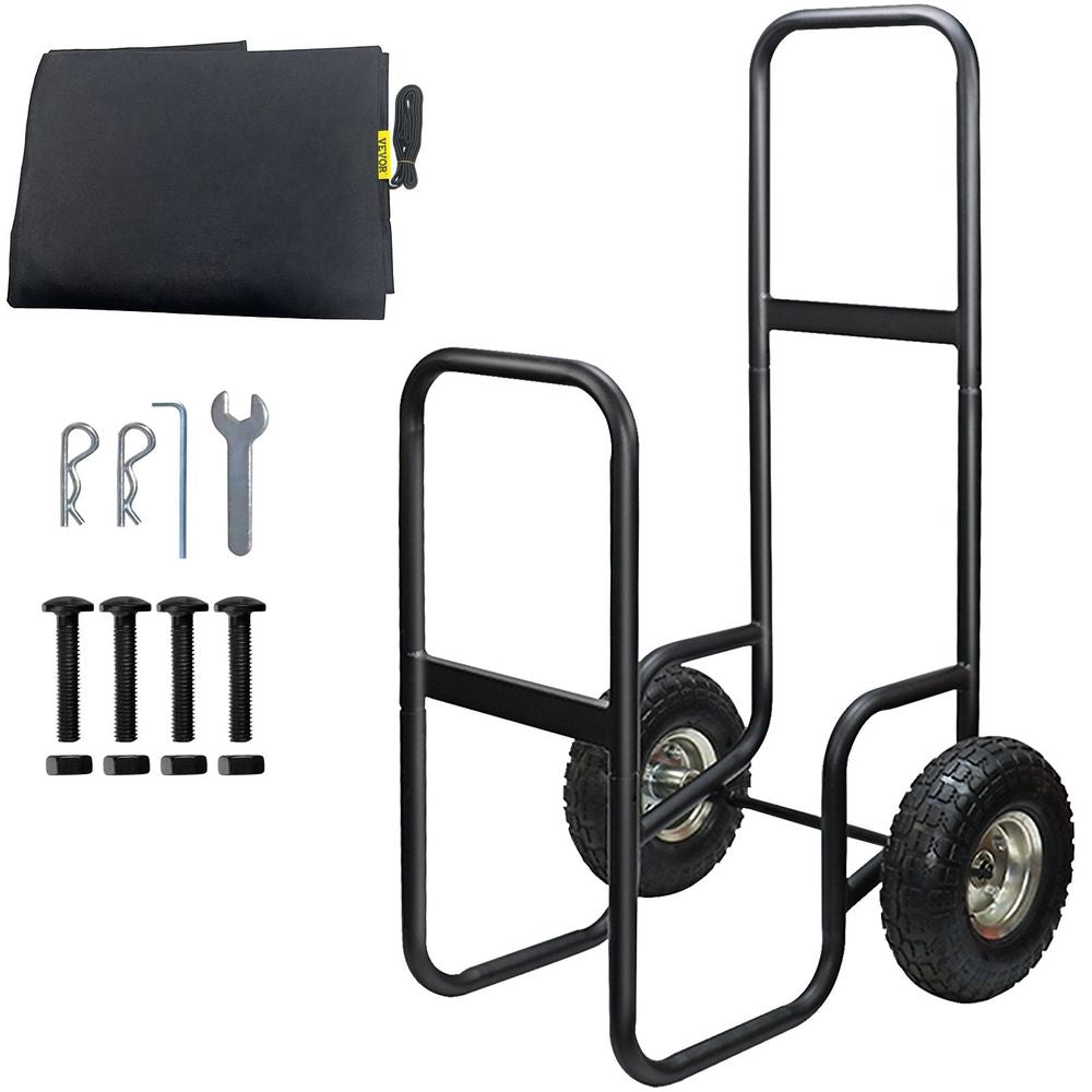 Firewood Cart, 220 lbs Weight Capacity, Wood Carrier with Wheels, Binding Rope and Water-proof Tarp, Utility Log Rack for Storage or Move, Dolly Hauler for Indoor and Outdoor Fireplace, Black