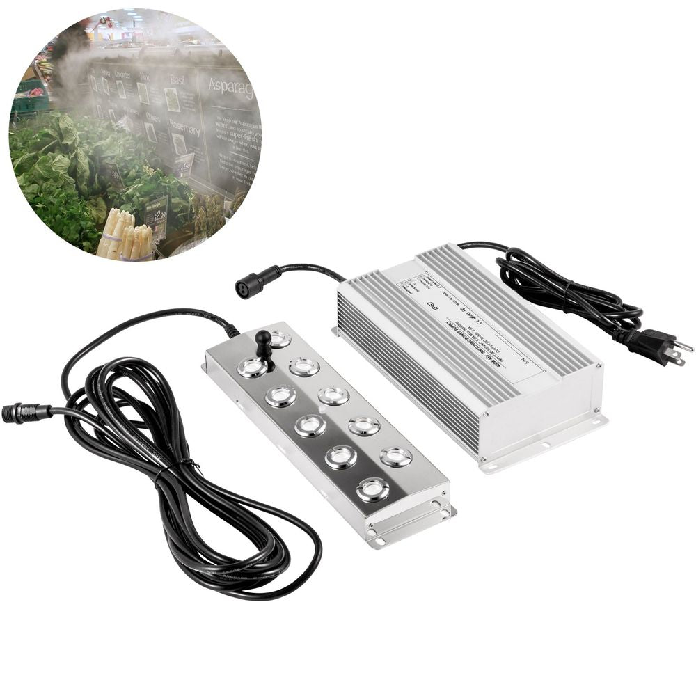 Mist Maker Fogger 10 Head Ultrasonic Mist Fogger with Waterproof Power Supply Ultrasonic Fogger Humidifier Stainless Steel Pond Mister Fogger 5kg/h