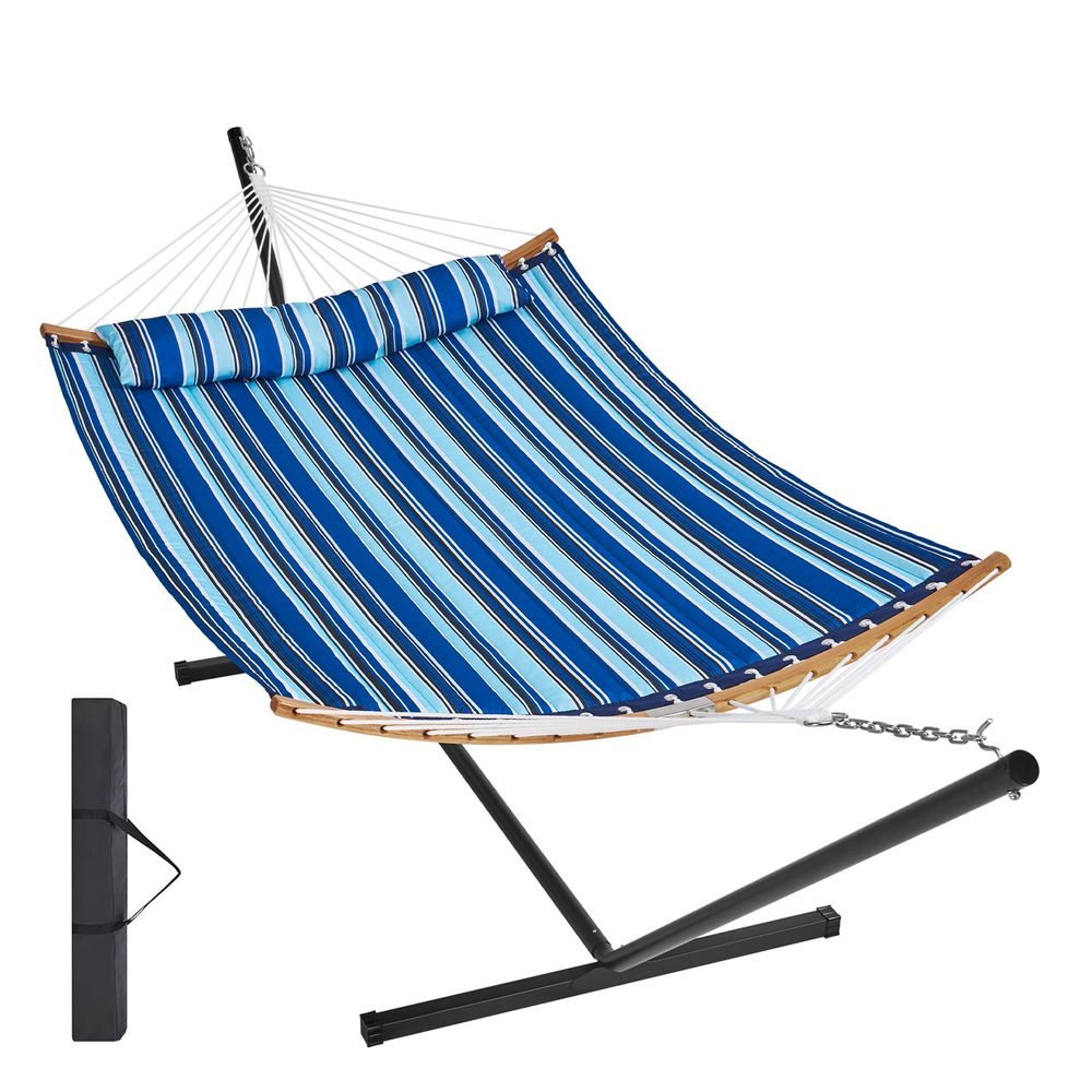 Two Person Hammock with Stand Included, Double Hammock with Curved Spreader Bar and Detachable Pillow and Portable Carrying Bag, Perfect for Outdoor Freestanding Hammock, 480lb Capacity