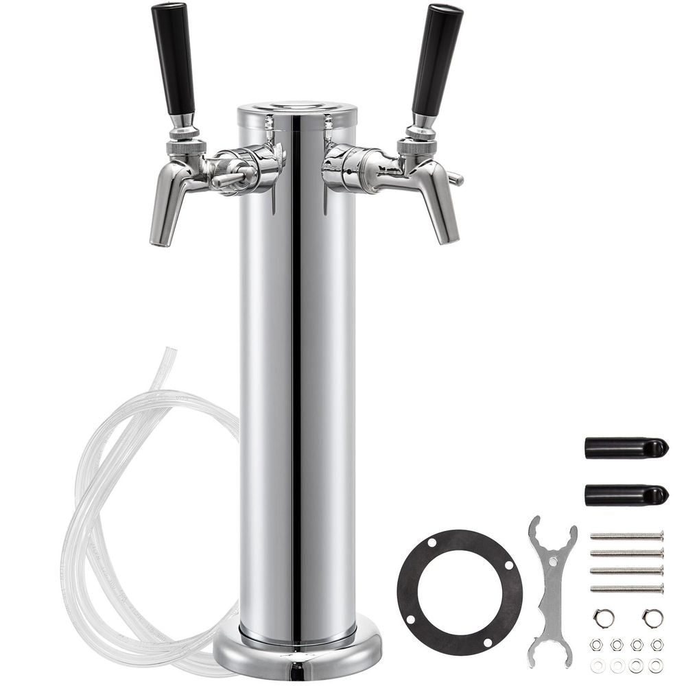 Beer Tower, Double Adjustable Brass Faucet Kegerator Tower, Stainless Steel Draft Beer Tower, 3" Diameter Column Beer Dispenser Tower, Beer Tower Kit with Wrench, Black Handle for Home & Bar