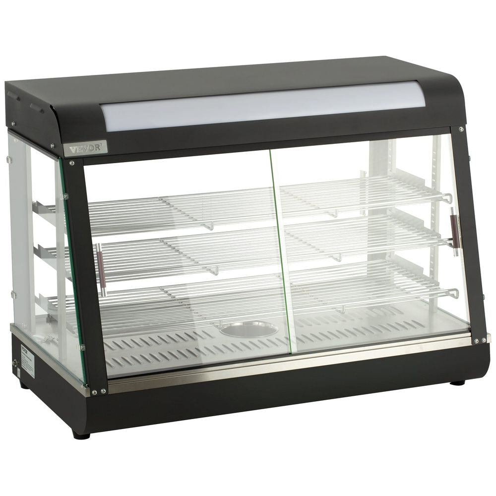 Commercial Food Warmer Display, 3 Tiers, 1800W Pizza Warmer w/ 3D Heating 3-Color Lighting Bottom Fan, Countertop Pastry Warmer w/Temp Knob Display 0.6L Water Tray, Stainless Frame Glass Doors