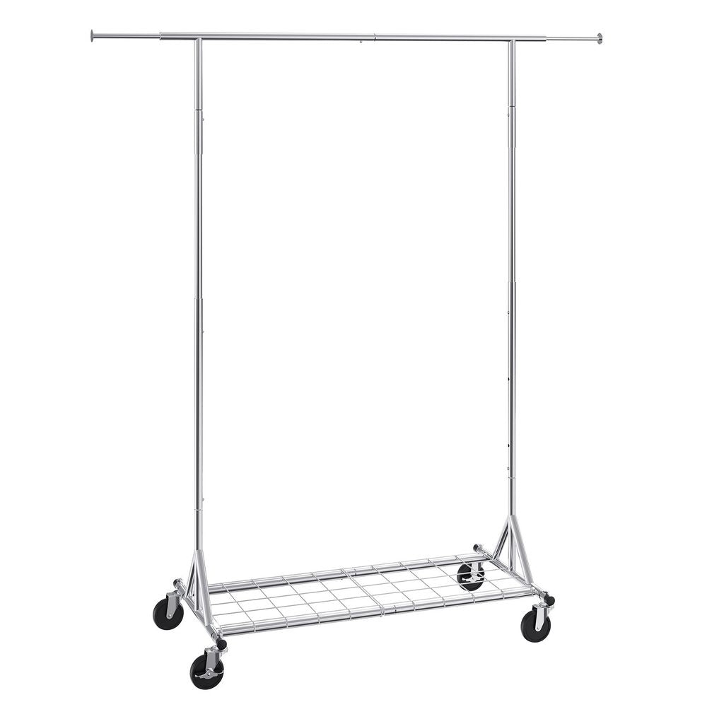 Clothes Rack with Wheels, Heavy Duty Clothing Garment Rack, Commercial Clothing Rack for Hanging Clothes with Bottom Storage Area, 450 lbs Load Capacity, Adjustable Height and Extendable Length