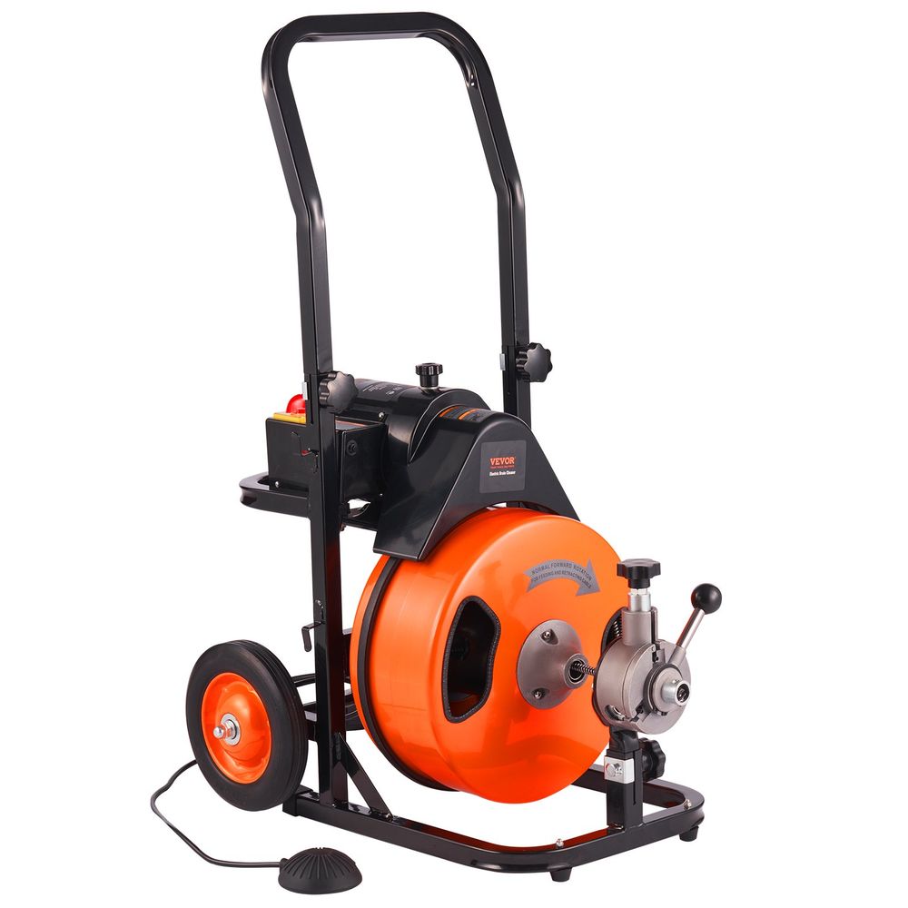 Drain Cleaning Machine 75FT x 3/8 Inch, Sewer Snake Machine Auto Feed, Drain Auger Cleaner with 4 Cutter & Air-Activated Foot Switch for 1" to 4" Pipes