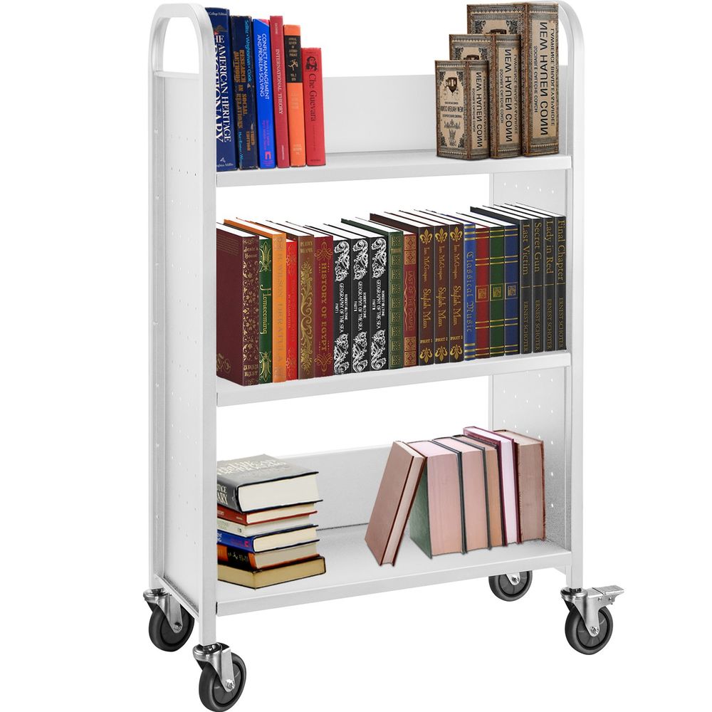 Book Cart, 200lbs Library Cart, 30x14x49 Inch Rolling Book Cart Single Sided L-Shaped Flat Shelves with 4 Inch Lockable Wheels, for Home Shelves Office and School Book Truck in White
