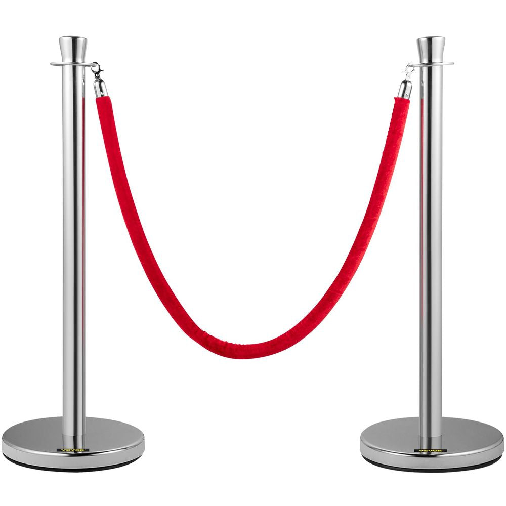 Crowd Control Stanchion, Set of 2 Pieces Stanchion Set, Stanchion Set with 5 ft/1.5 m Red Velvet Rope, Silver Crowd Control Barrier w/Sturdy Concrete and Metal Base - Easy Connect Assembly