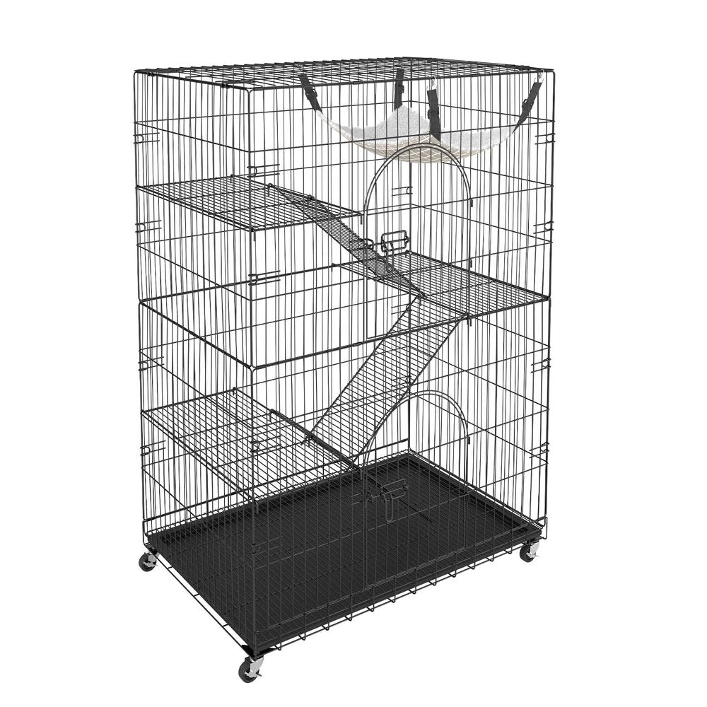 Catio, 4-Tier Large Cat Cages Indoor, Detachable Metal Playpen Enclosure with 360° Rotating Casters, with 3 Ladders and a Hammock for 1-3 Cats, 35.4x23.6x51 inch