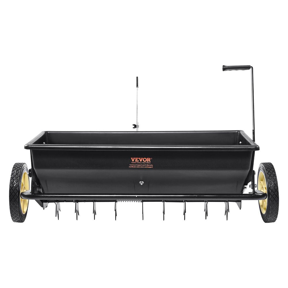 Seed Spreader, 100 LB Capacity, Towable Poly Drop Design with 10" Wheels, Durable Steel Spike Aerator, for Efficient Fertilizing, Seeding, and Salt Distribution, Ideal for Home, Farm Use, Rug