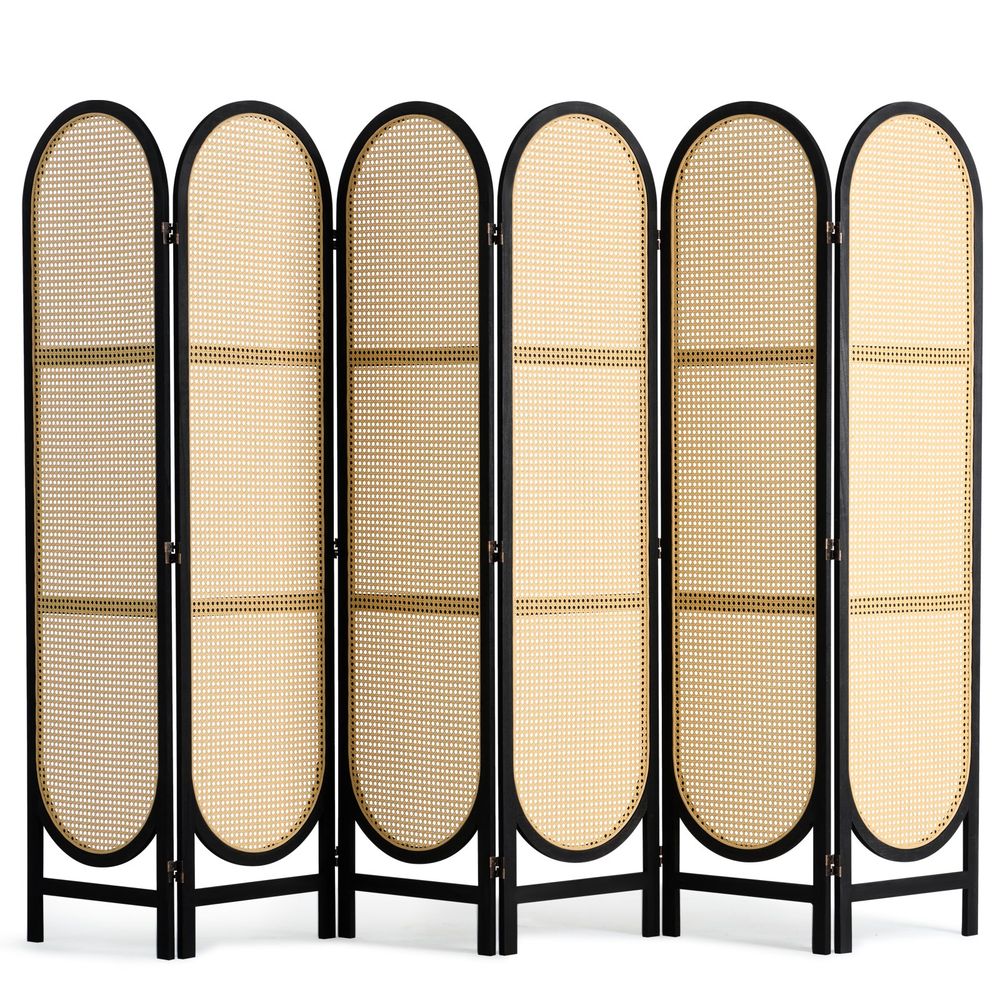 6 Panel Room Divider, Hand-Woven Rattan Folding Privacy Screens with Hinges, Portable Partition Room Dividers, Wooden Freestanding Wall Divider for Room Separation, Living Room, Bedroom, Brown