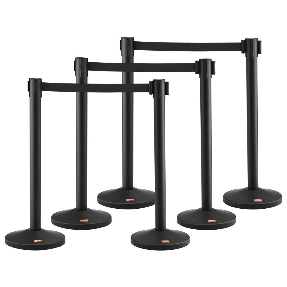 Crowd Control Stanchion, 6-Pack Crowd Control Barrier, Carbon Steel Baking Painted Stanchion Queue Post with 3PCS 6.5FT Retractable Belt & Fillable Base, Belt Barrier Line Divider, Easy Assembly