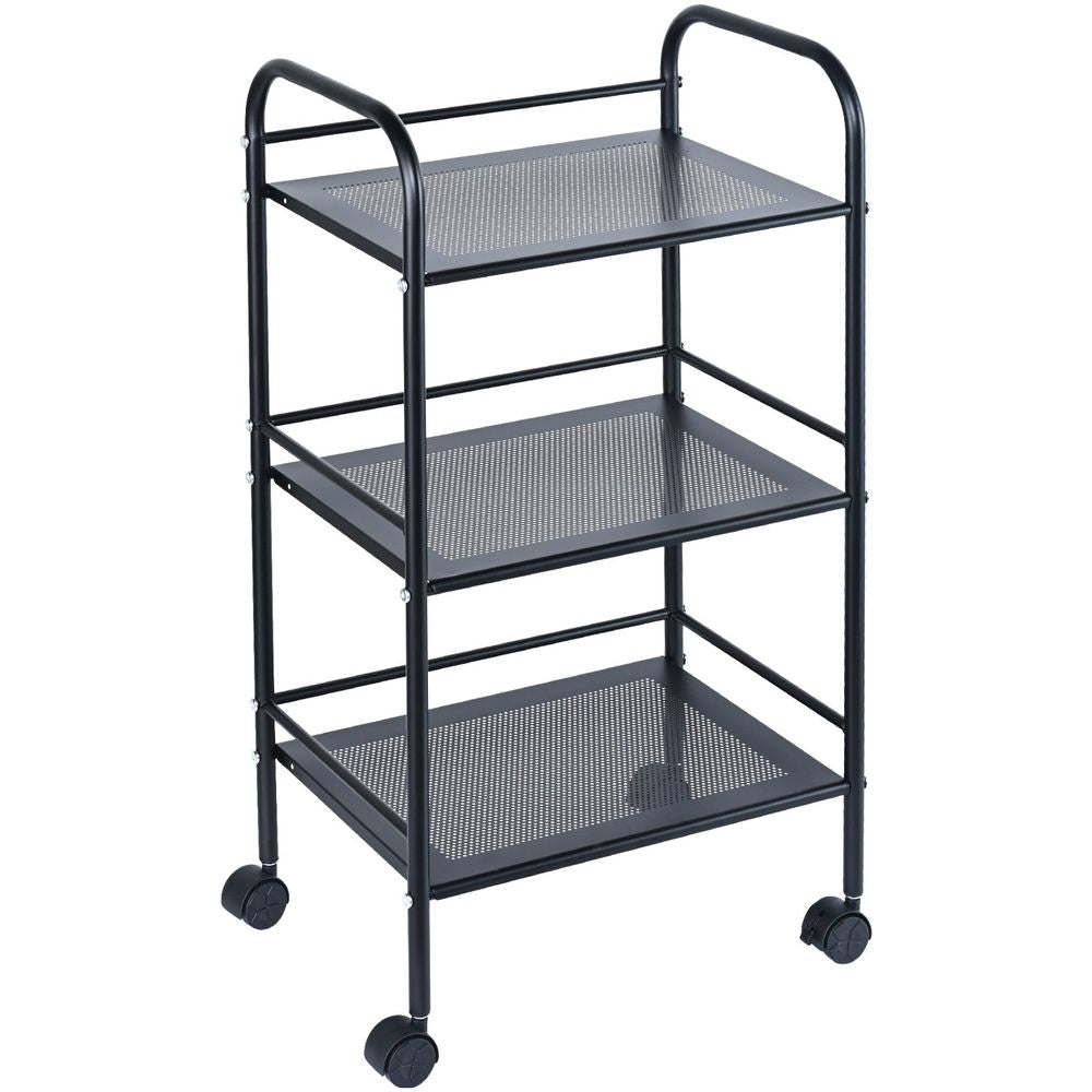 3-Tier Metal Rolling Cart, Heavy Duty Utility Cart with Lockable Wheels, Multi-Functional Storage Trolley with Handle for Office, Living Room, Kitchen, Movable Storage Organizer Shelves, Black