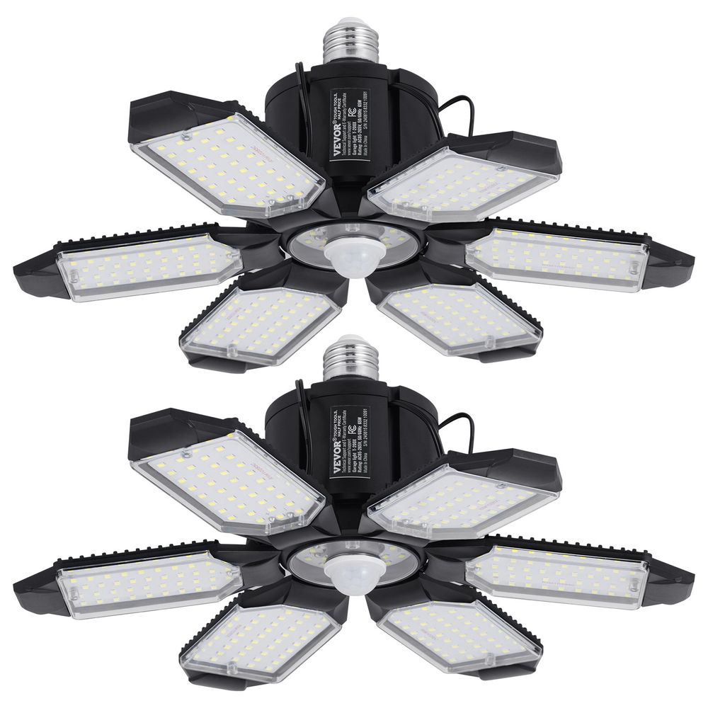 2 Packs LED Garage Light, 15000LM, 6500K Motion Sensor Garage Ceiling Light with 6 Deformable Penals, E26/E27 Screw-in Garage Lighting Super Bright Shop Lights Fixture for Basement Warehouse
