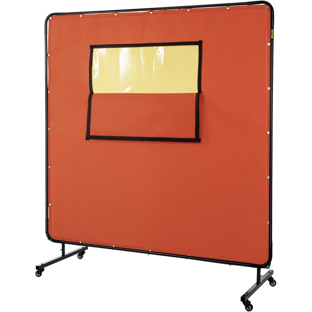 Welding Curtain, 6' x 6', Welding Screen with Metal Frame & 4 Wheels, Fireproof Fiberglass w/Transparent Window, for Workshop, Industrial Site, Red