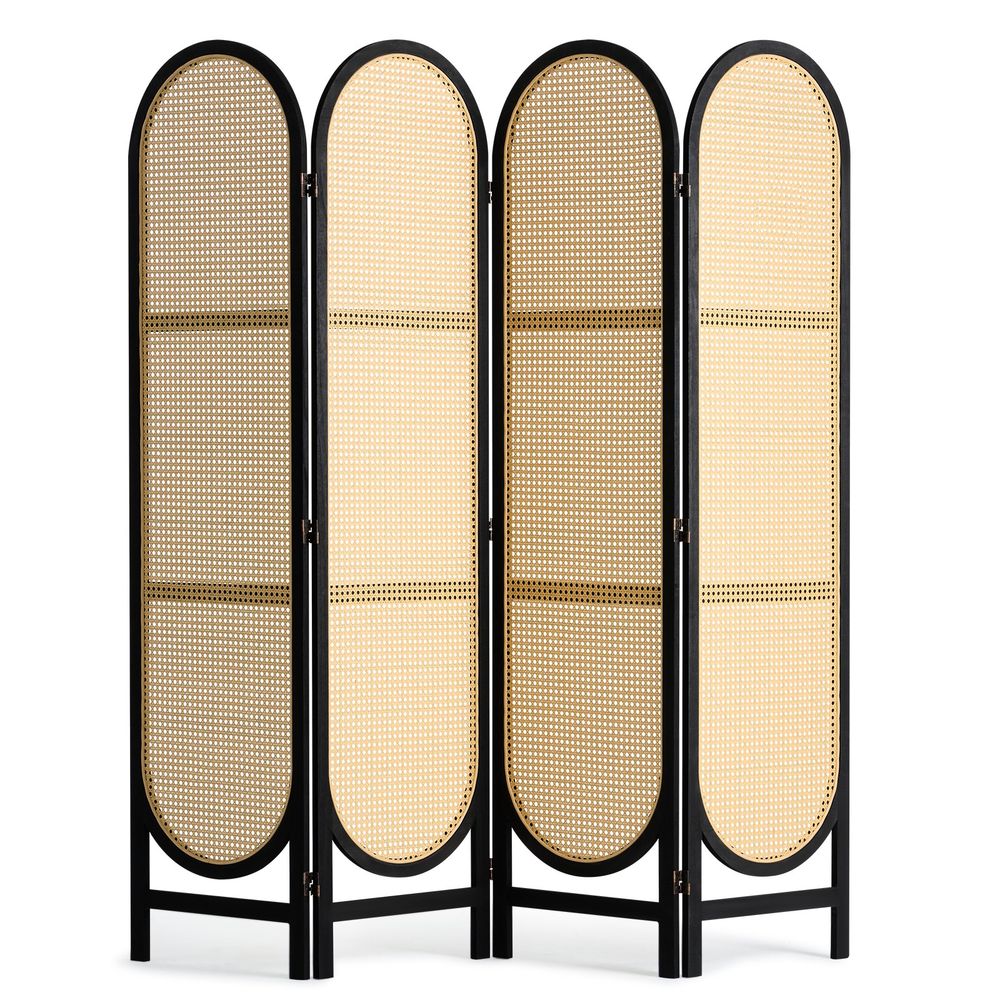 4 Panel Room Divider, Hand-Woven Rattan Folding Privacy Screens with Hinges, Portable Partition Room Dividers, Wooden Freestanding Wall Divider for Room Separation, Living Room, Bedroom, Brown