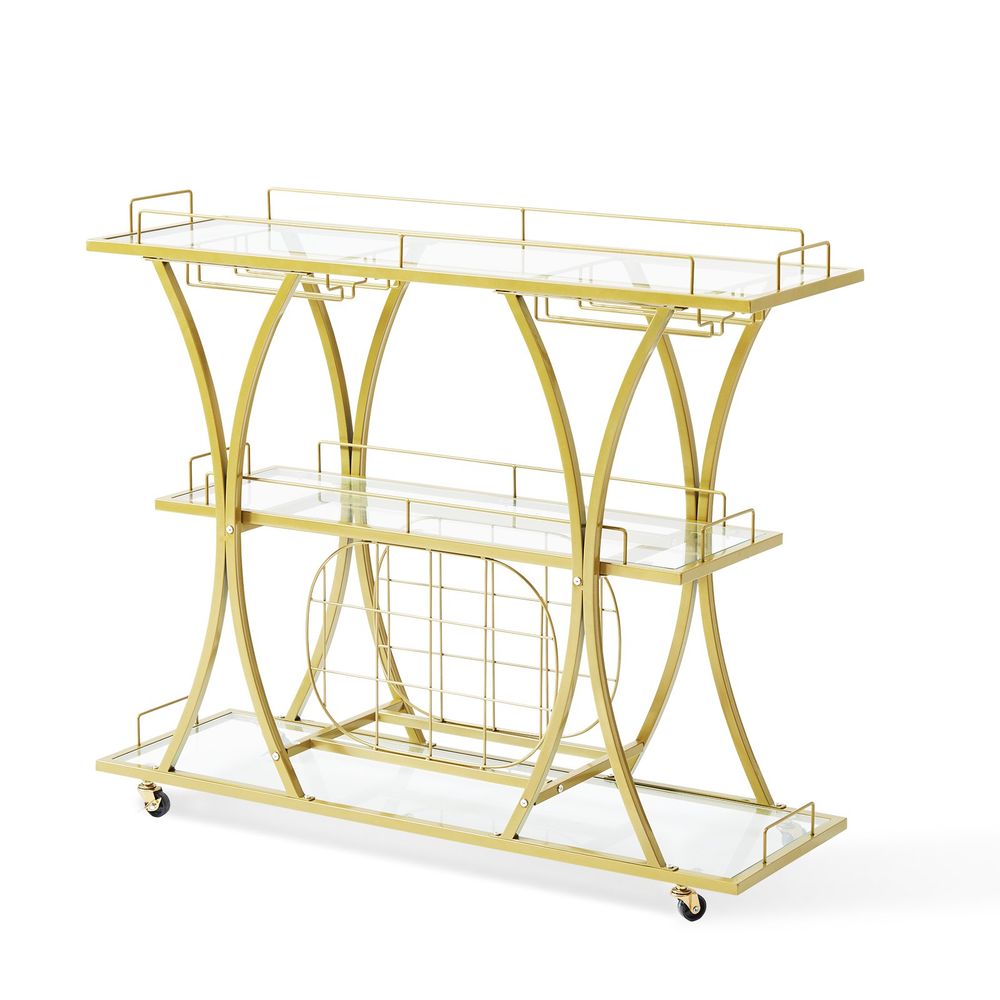 3 Tiers Gold Metal Bar Serving Cart with Wine Rack Glass Holder 180 LBS