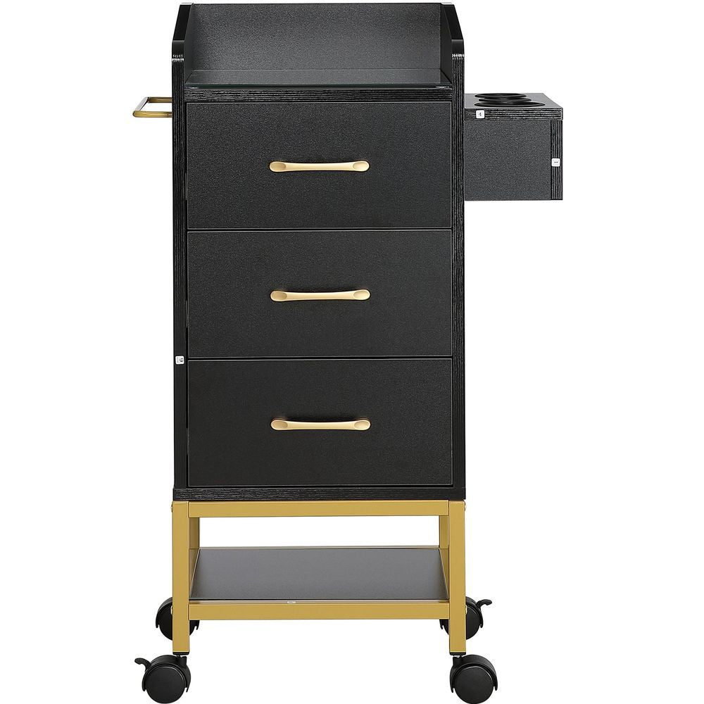 Beauty Salon Storage Trolley Cart, Glass Top Hair Salon Station Cabinet for Stylist with Drawer & Dryer Holder, MDF Rolling Hairdressing Salon Cart on 4 Wheels (2 Lockable) for Barber Beauty SPA