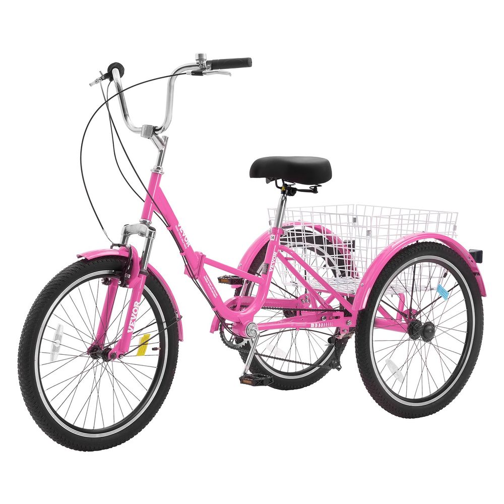 Folding Adult Tricycle, 24-Inch 7-Speed Adult Folding Trikes, Carbon Steel 3 Wheel Cruiser Bike with Basket & Adjustable Seat, Shopping Picnic Foldable Tricycles for Women, Men, Seniors (Pink)