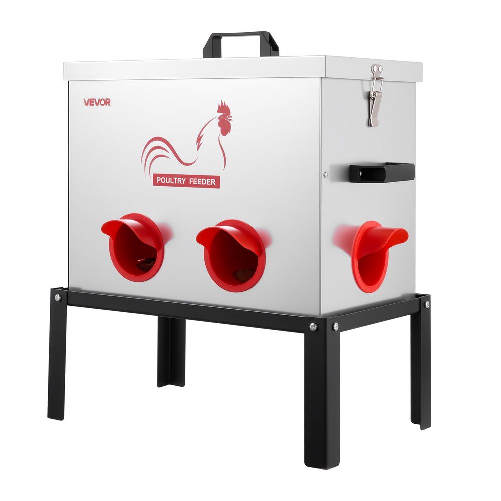 Automatic Chicken Feeder, 40 lbs Capacity, 6 Feeding Ports No-Waste Poultry Feeder with Built-In Divider, with Latch & Handle, Metal Construction, for Chickens Bantams Pheasants Poultry Coop