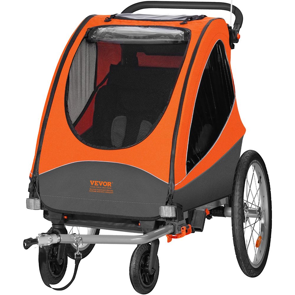 Bike Trailer for Toddlers, Kids, Double Seat, 110 lbs Load, 2-In-1 Canopy Carrier Converts to Stroller, Tow Behind Foldable Child Bicycle Trailer with Universal Bicycle Coupler, Orange and Gray
