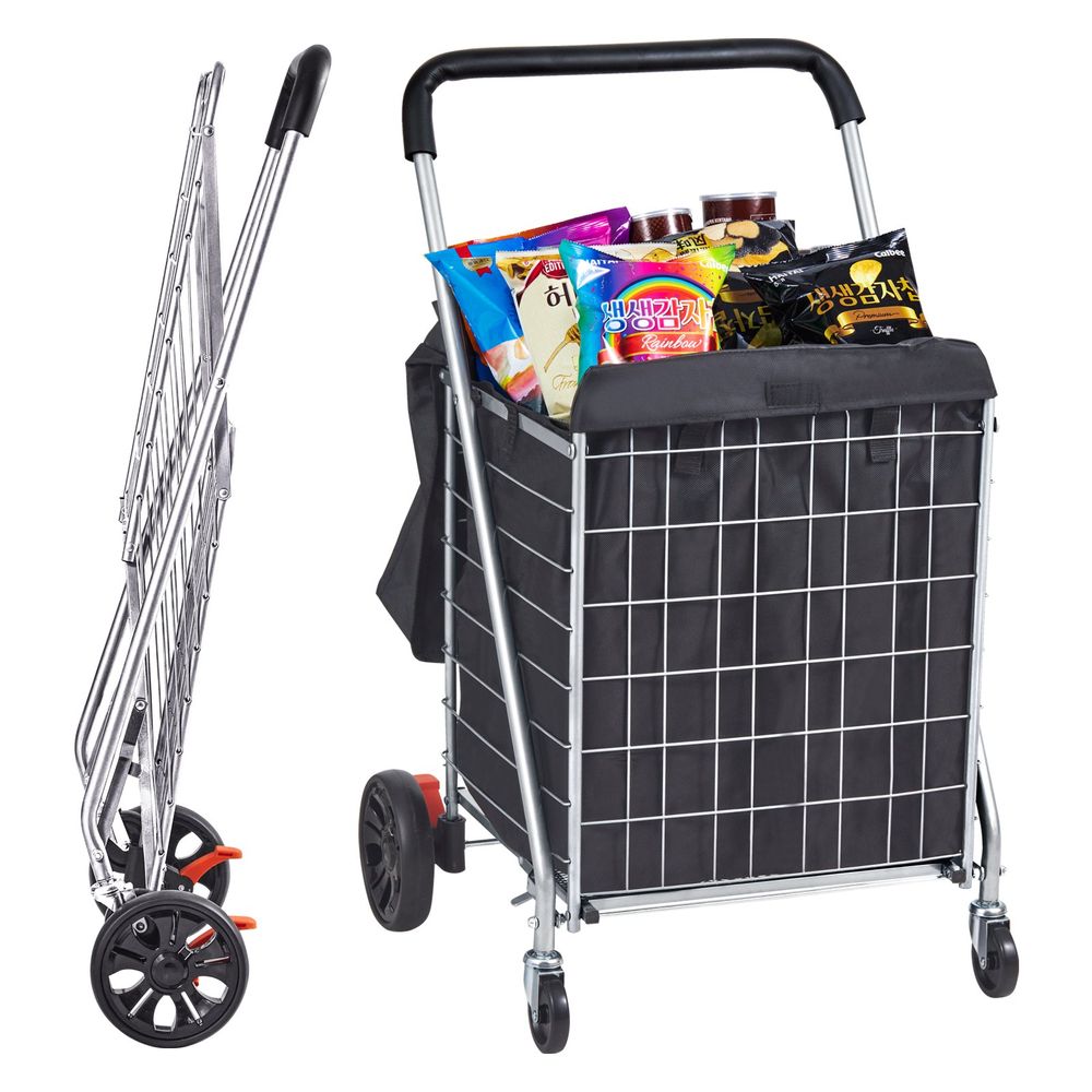 Folding Shopping Cart, 200 lbs Max Load Capacity, Grocery Utility Cart with Rolling Swivel Wheels and Bag, Heavy Duty Foldable Laundry Basket Trolley Compact Lightweight Collapsible, Silver