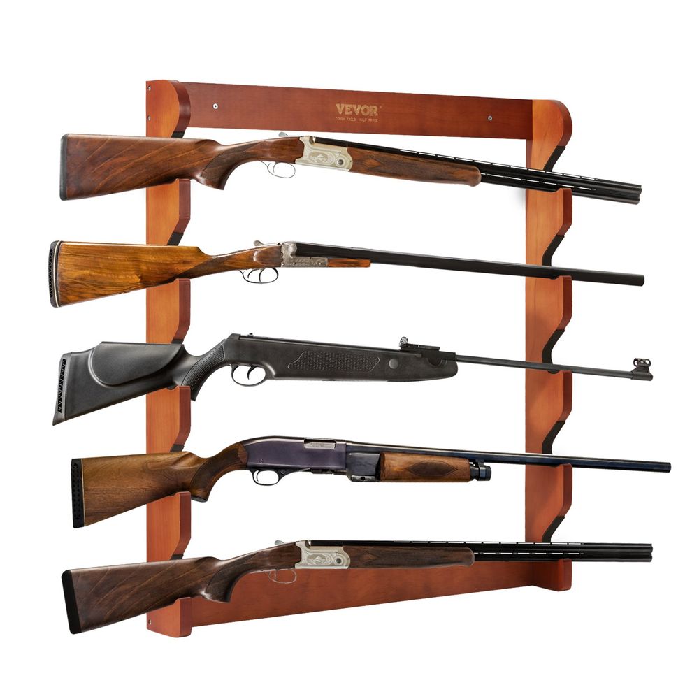 Gun Rack, Wood Gun Rack Wall Mount, Gun Display Rack holds 5 Rifles, Shotguns, 132 lb Heavy Duty Wall Storage Display Rifle Rack with Soft Padding