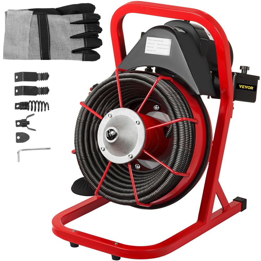 50FT x 1/2 Inch Drain Cleaning Machine, 250W Electric Drain Auger, Portable Sewer Snake Auger Cleaner with Cutters & Air-Activated Foot Switch for 1" to 4" Pipes, Black, Red