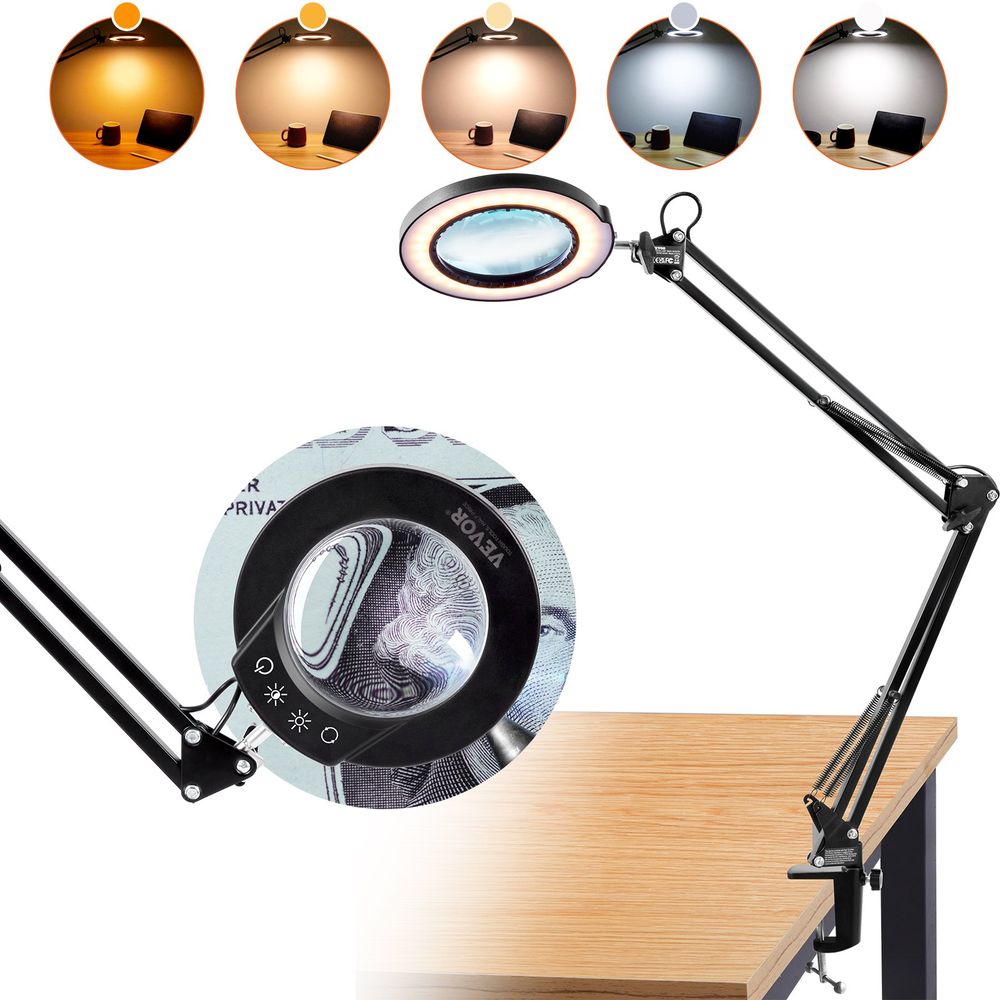Magnifying Glass with Light and Stand, 5X Magnifying Lamp, 4.3" Glass Lens, Desk Magnifier with Light, 64 LED Lights 5 Color Modes, with Clamp for Close Work, Reading, Repair Crafts