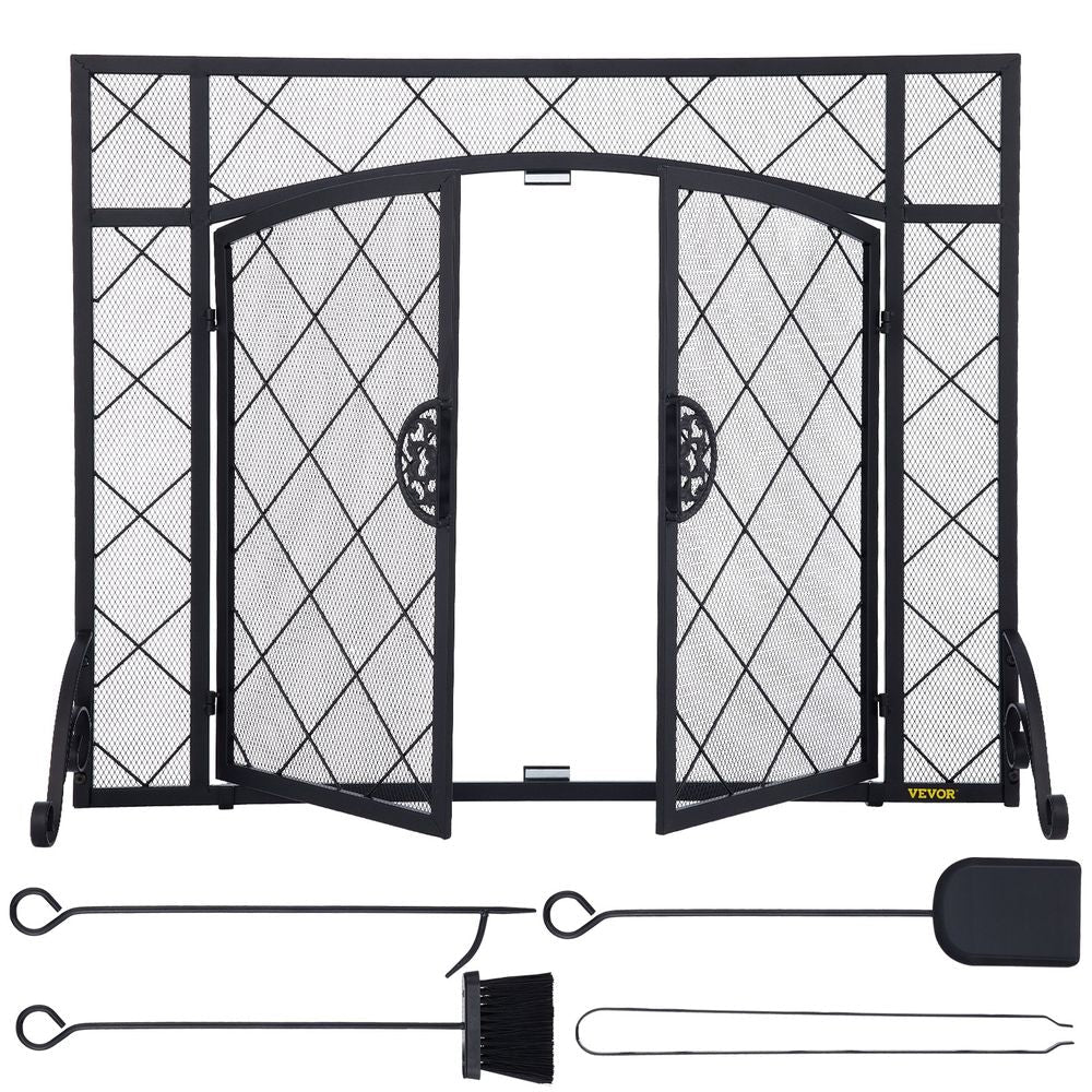 Fireplace Screen, 44 x 33 Inch, Double Door Iron Freestanding Spark Guard with Support, Metal Mesh Craft, Broom Tong Shovel Poker Included for Fireplace Decoration & Protection, Black