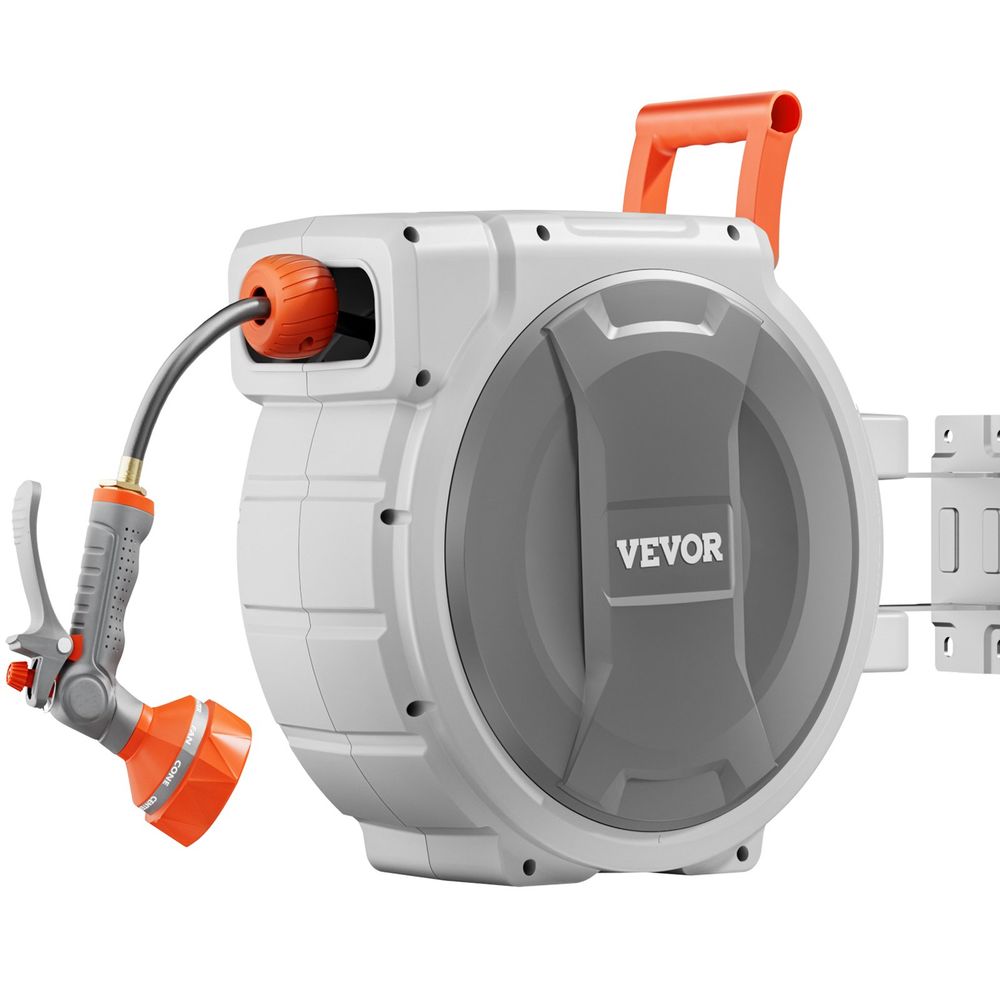 Retractable Garden Hose Reel, 1/2 Inch x 145 ft Wall Mounted Hose Reel, Heavy Duty Garden Hose Reel with 9 Patterns Nozzle, Any Length Lock, Upgraded Slow Return System and 180°Swivel Bracket