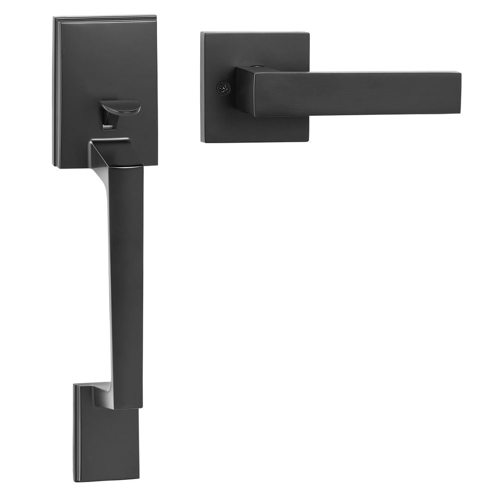 Front Door Handle, Matte Black Square Handle Set with Lever Door Handle No Lock, Adjustable Hole Space, Entry Door Handle with Reversible for Right and Left Handed Entrance and Front Door