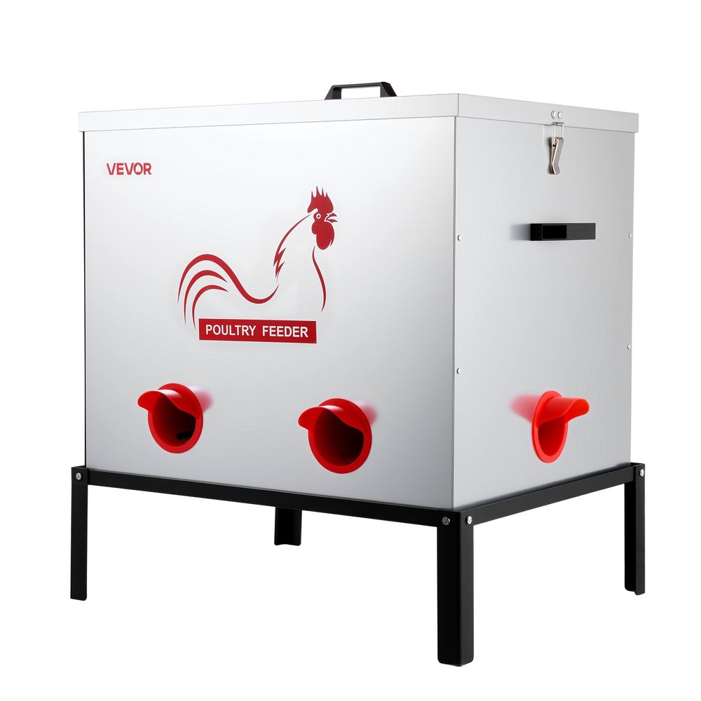 Automatic Chicken Feeder, 85 lbs Capacity, 6 Feeding Ports No-Waste Poultry Feeder with Built-In Divider, with Latch & Handle, Metal Construction, for Chickens Bantams Pheasants Poultry Coop