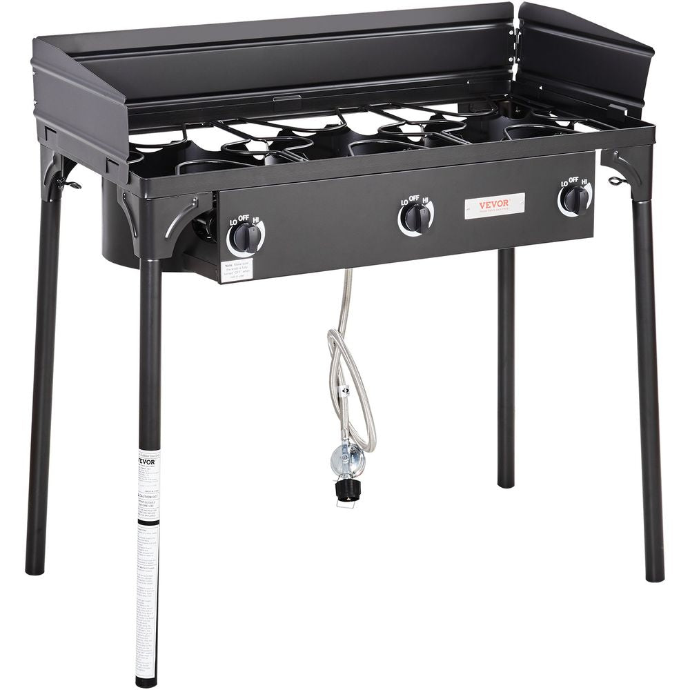 Triple Burner Outdoor Camping Stove, 90,000-BTU Camping Modular Cooking Stove, Heavy Duty Carbon Steel Gas Cooker with Detachable Legs Stand & PSI Regulator, for BBQ Home Camp Patio RV Cooking