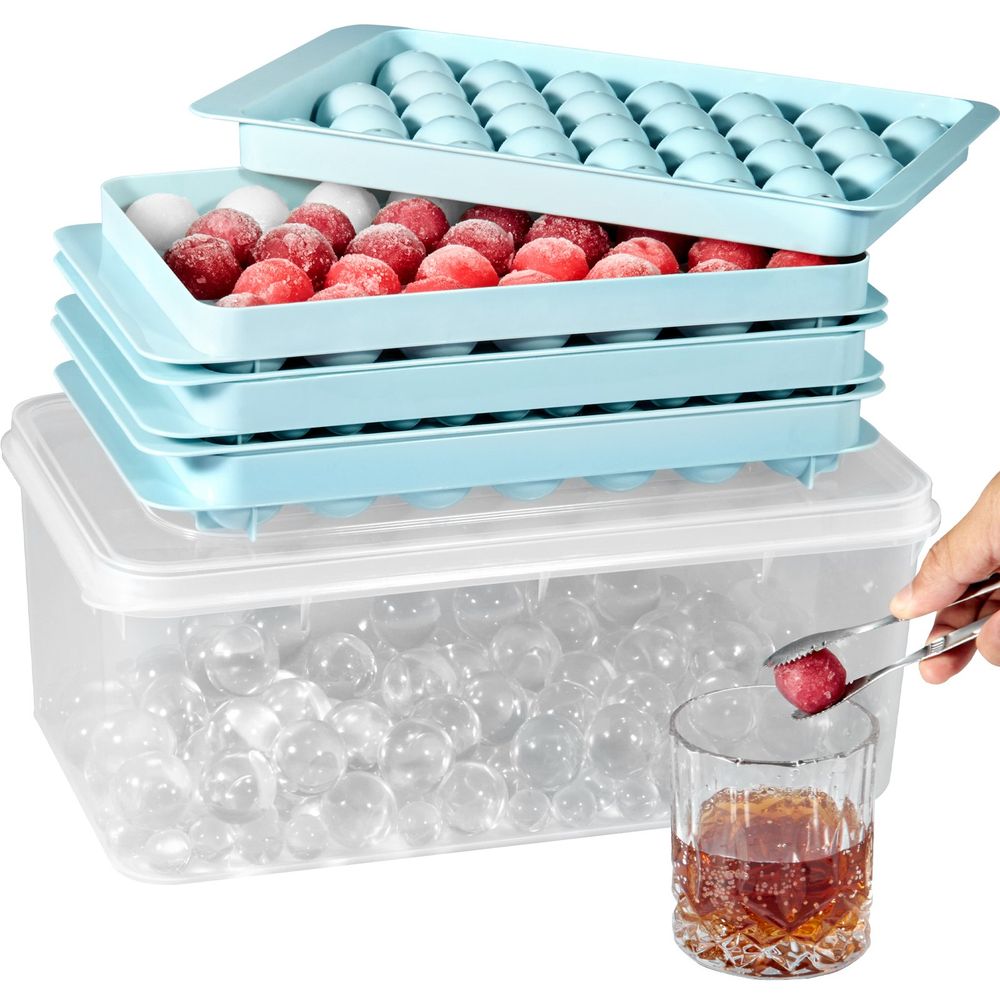 Ice Cube Tray, Round Ice Ball Maker for Freezer, 2x33pcs & 1x104pcs Ice Balls, Sphere Ice Cube Making 170pcs Small Ice Chilling Cocktail Whiskey Tea Coffee, 3Pack Ice trays & Ice Bin & Scoop