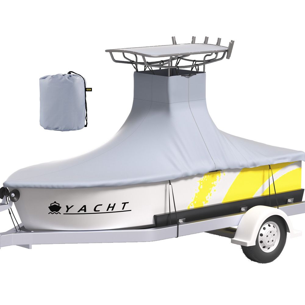 T-Top Boat Cover, Fit for 18.5'-20' Boat, Heavy Duty 600D Marine Grade Oxford Hard Top Cover, UV Resistant Waterproof Center Console Boat Cover w/ 2 Support Poles and 5 Wind-Proof Straps, Gray