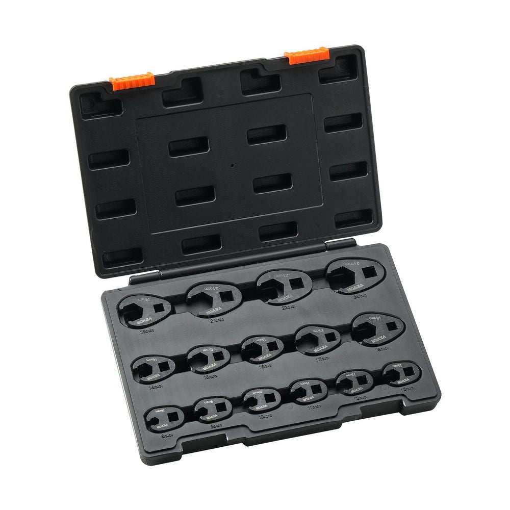 Crowfoot Wrench Set, 1/2" and 3/8" Drive 15-Piece Crows Foot Wrench Set with PP Storage Case, Metric 8-24 mm, CRMO Steel and Manganese Phosphate Finish, for Mechanical Maintenance and Repairs