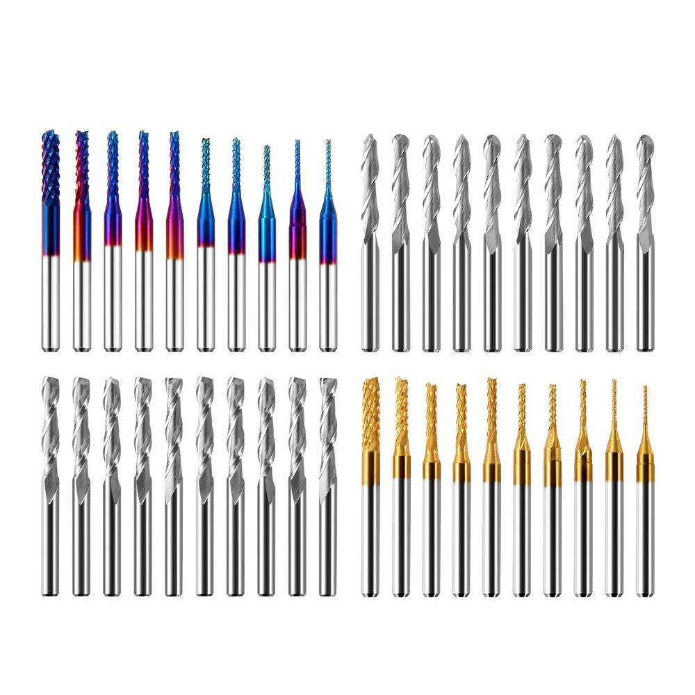 40pcs End Mills CNC Router Bits, 1/8" Shank, CNC Cutter Milling Carving Bit Set, Including 2-Flute Flat Nose & Ball Nose End Mill, Nano Blue Coat & Titanium Coat CNC Bits, for Milling Machine