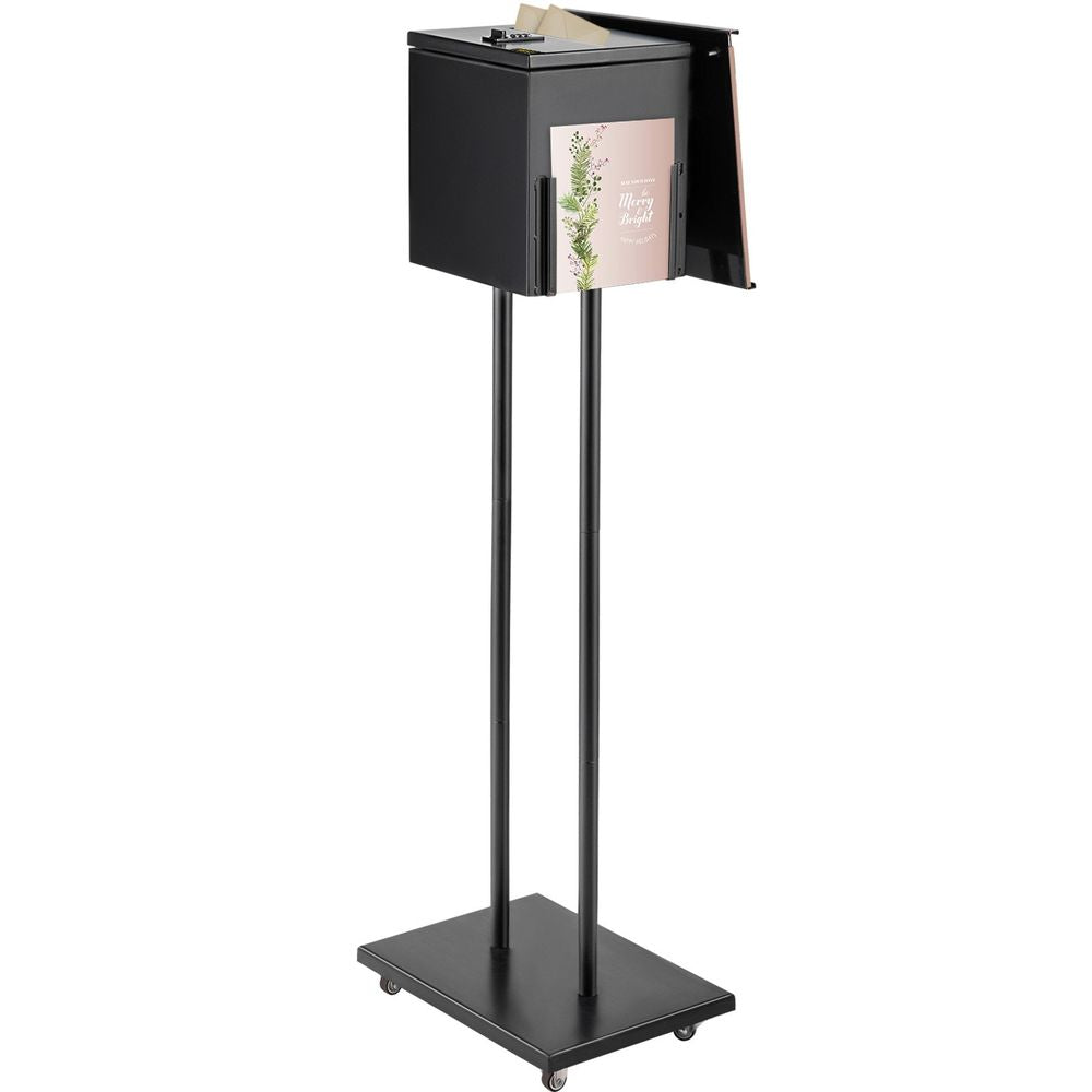 Ballot Box, Floor Standing Suggestion Box with Sign Holder and Lock, Side Pocket for Storing Ballots, Brochures, Donation Box for Home Office Church Election, 8.6\"W x 9.4\"H x 8\"D, Black