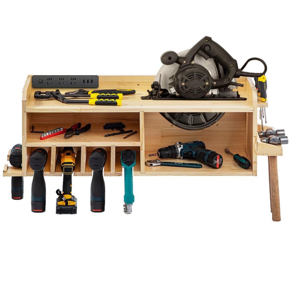 Power Tool Organizer, Wall Mount Drill Holder, 4 Drill Hanging Slots Drill Charging Station, 3-Shelf Cordless Drill Storage, Polished Wooden Toolbox for Saw, Impact Wrench, Screwdriver Drill
