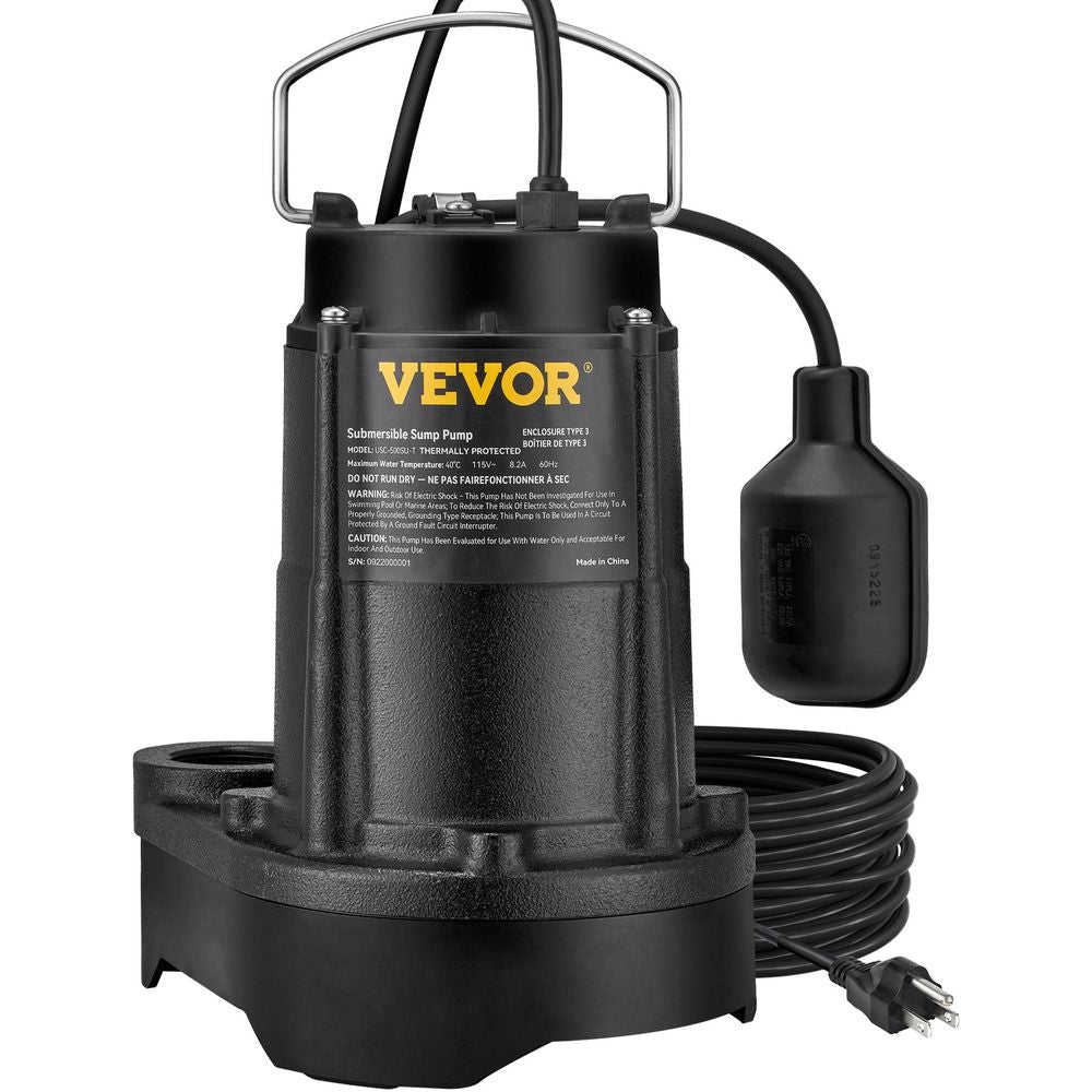 Sump Pump, 1/2 HP 3960 GPH, Submersible Cast Iron Water Pump, 1-1/2" NPT Discharge With 33 ft Power Cord, Automatic Float Switch with Piggy-back Plug, for Indoor Basement Water Basin