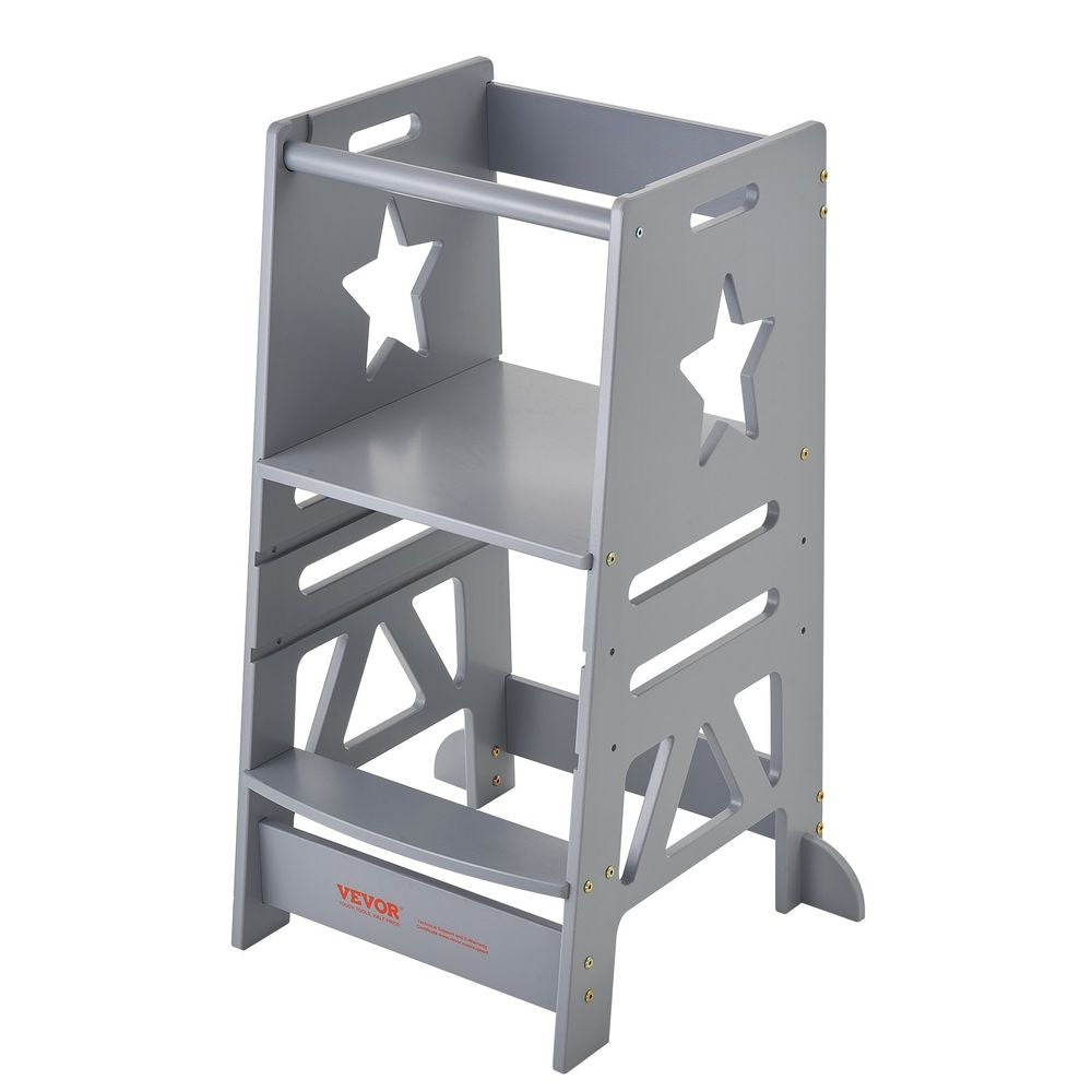 Tower Step Stool, 3-Level Height Adjustable Toddler Step Stools for Kids, Bamboo Standing Tower Learning Stool with Safety Rail for Kitchen Counter Bathroom, 350LBS, Gray